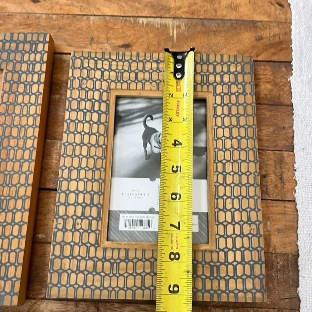 Threshold Natural Wood Picture Frames Set of 4 Blue Geometric Overlay